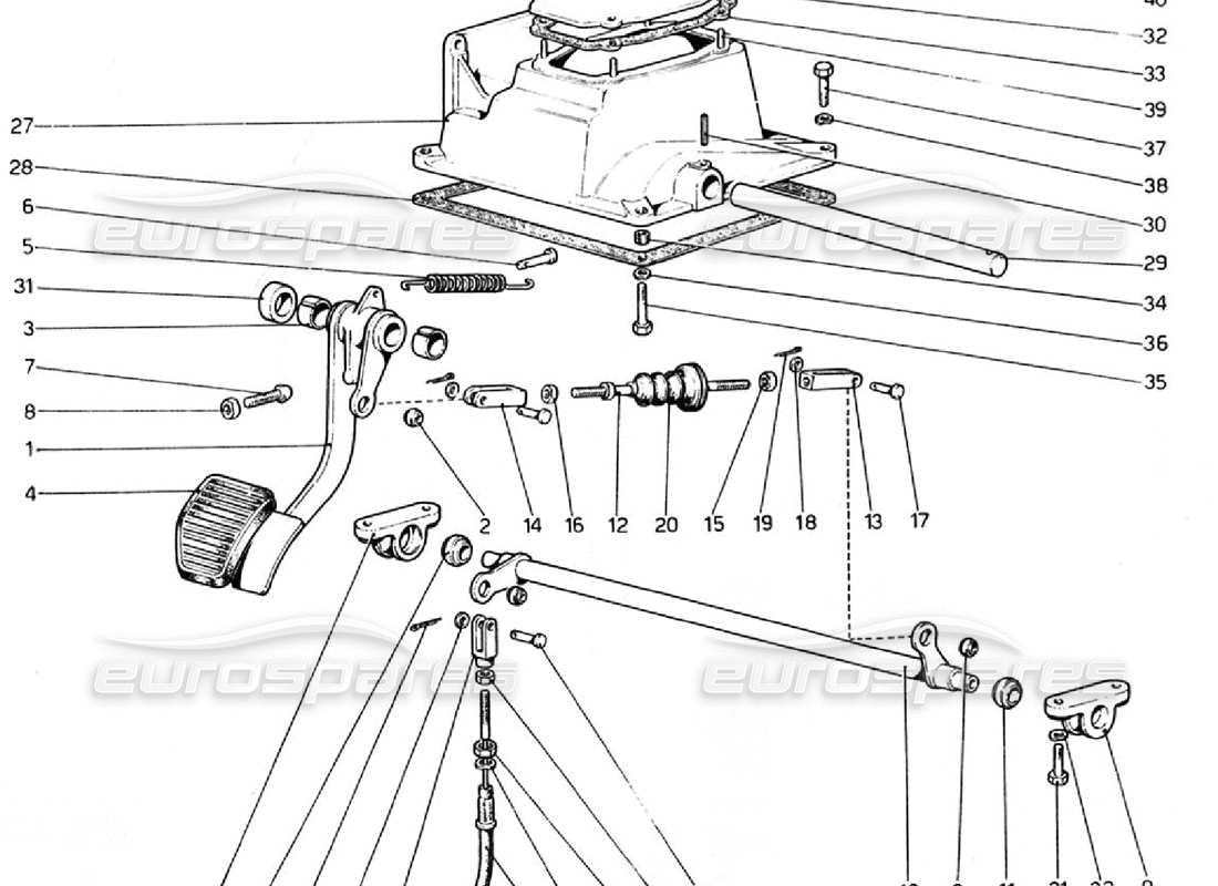 ferrari 308 gtb (1976) schema parti pedaliera - comando frizione (varianti per versioni rhd).