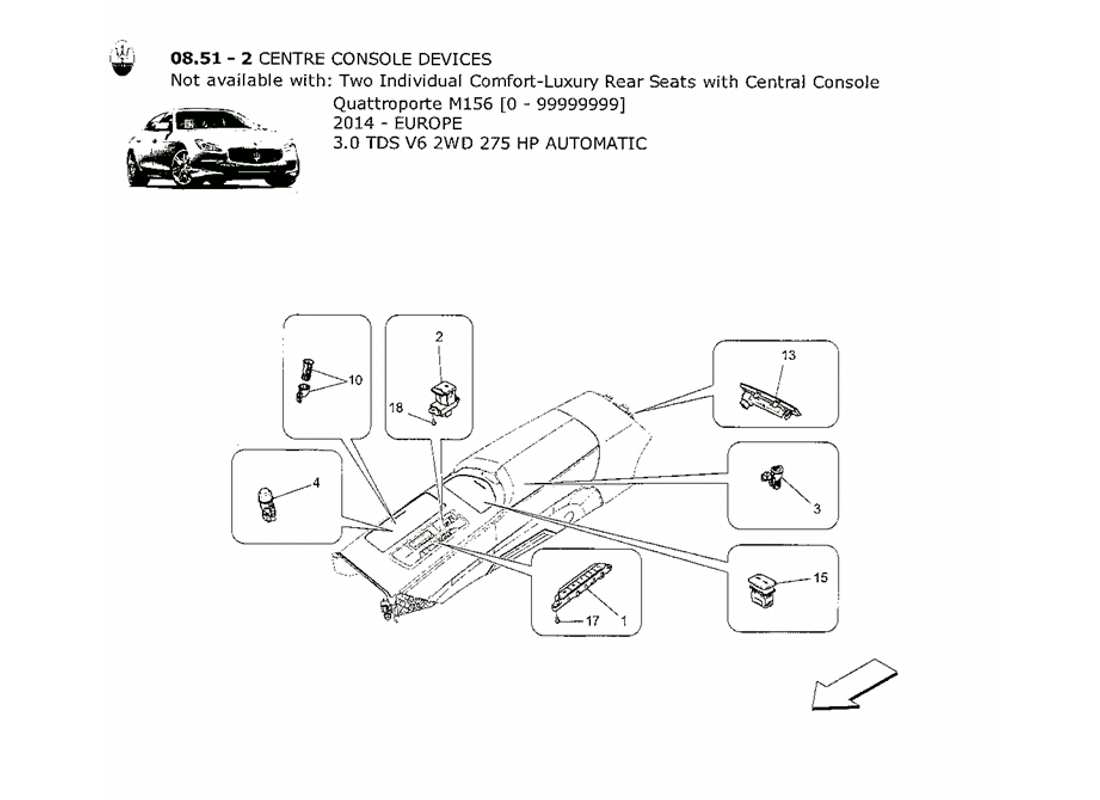 maserati qtp. v6 3.0 tds 275bhp 2014 diagramma delle parti dei dispositivi della console centrale