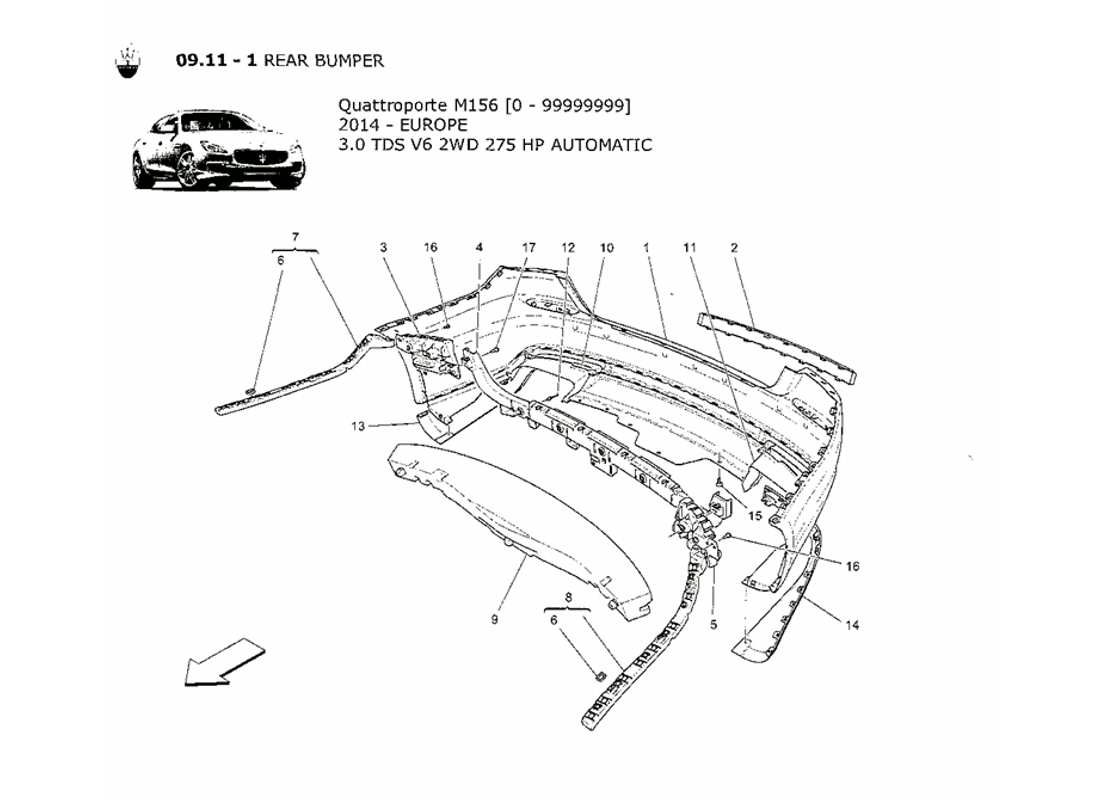 maserati qtp. v6 3.0 tds 275bhp 2014 schema delle parti paraurti posteriore