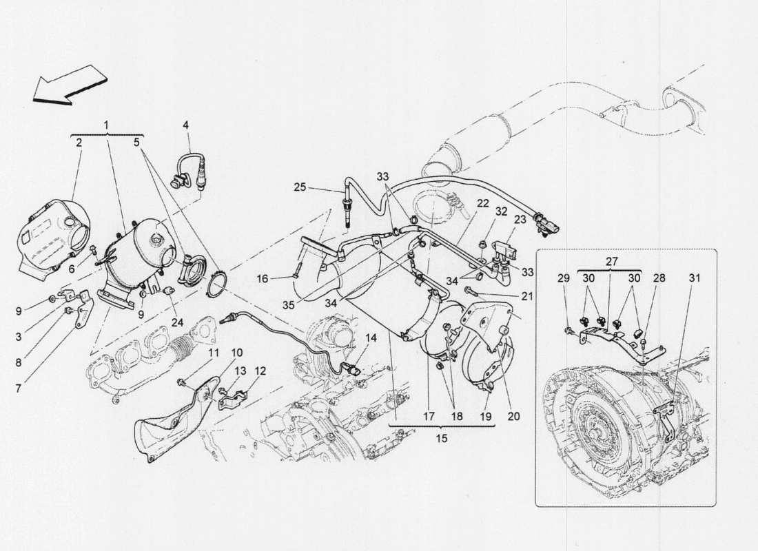 maserati qtp. v6 3.0 tds 275bhp 2017 diagramma delle parti dei convertitori pre-catalitici e catalitici