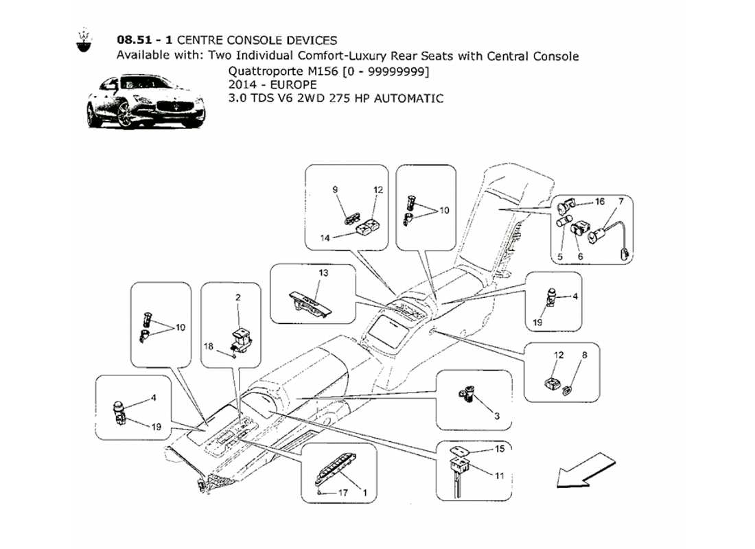 maserati qtp. v6 3.0 tds 275bhp 2014 diagramma delle parti dei dispositivi della console centrale