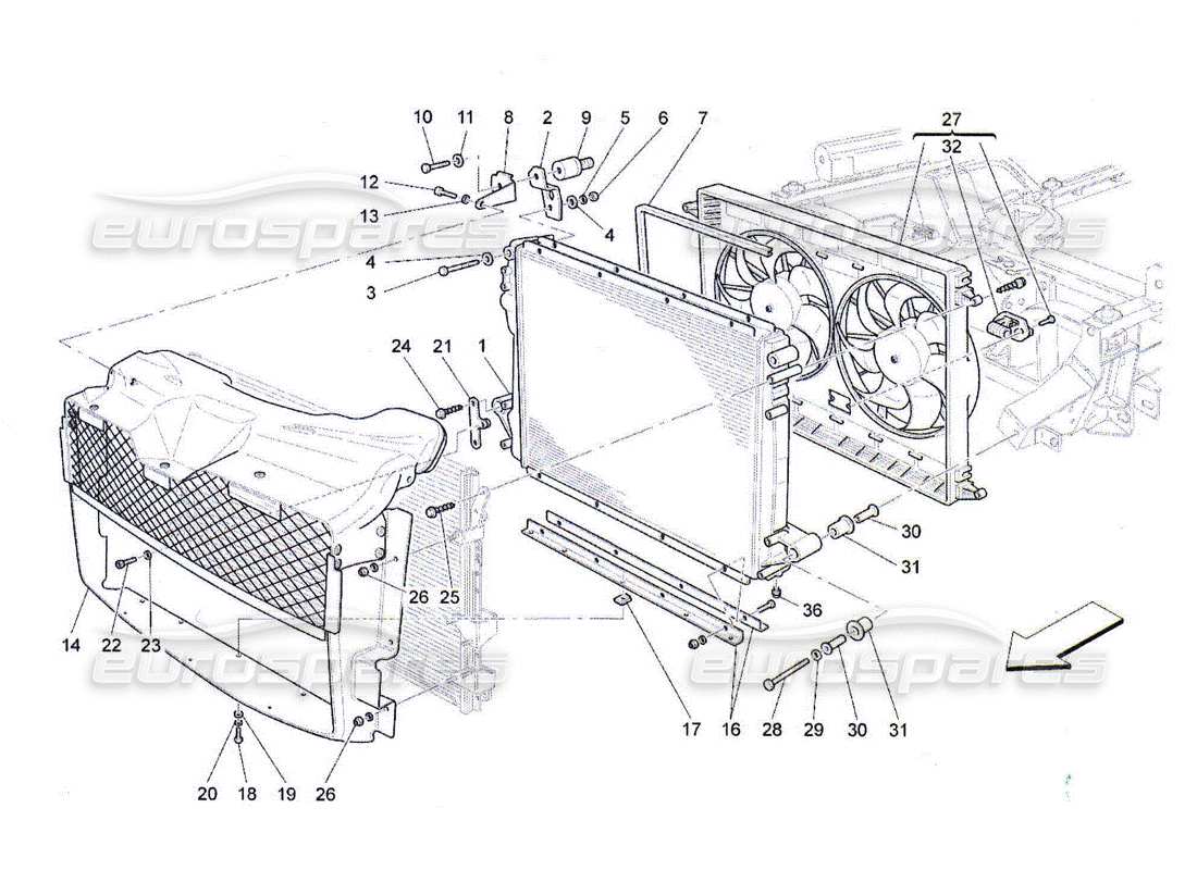 maserati qtp. (2010) 4.2 raffreddamento: diagramma delle parti dei radiatori dell'aria e dei condotti