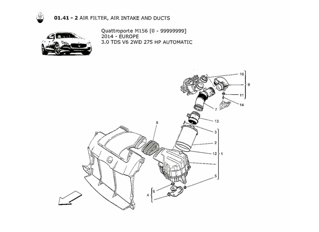 maserati qtp. v6 3.0 tds 275bhp 2014 diagramma delle parti del filtro dell'aria, della presa d'aria e dei condotti