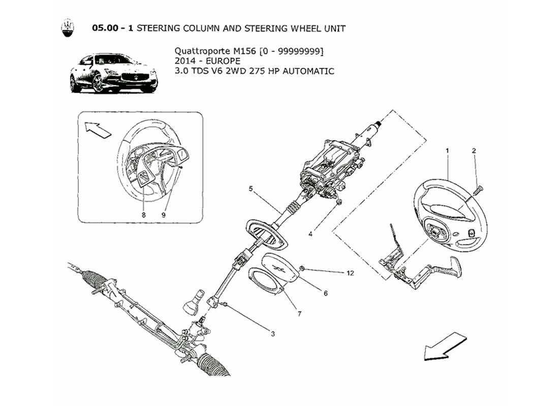 maserati qtp. v6 3.0 tds 275bhp 2014 schema delle parti del piantone dello sterzo e dell'unità del volante