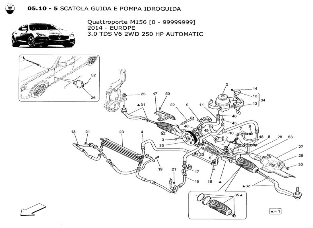 maserati qtp. v6 3.0 tds 250bhp 2014 cremagliera sterzo e pompa idraulica dello sterzo schema delle parti