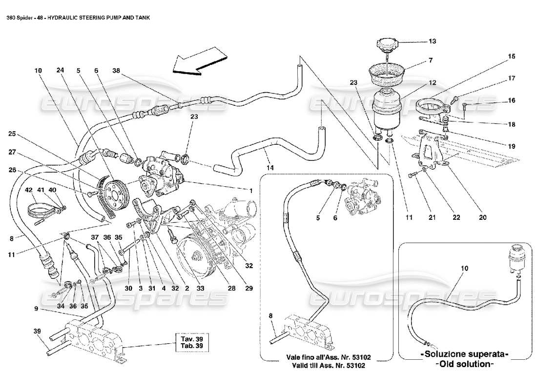 ferrari 360 spider pompa dello sterzo idraulica e serbatoio diagramma delle parti