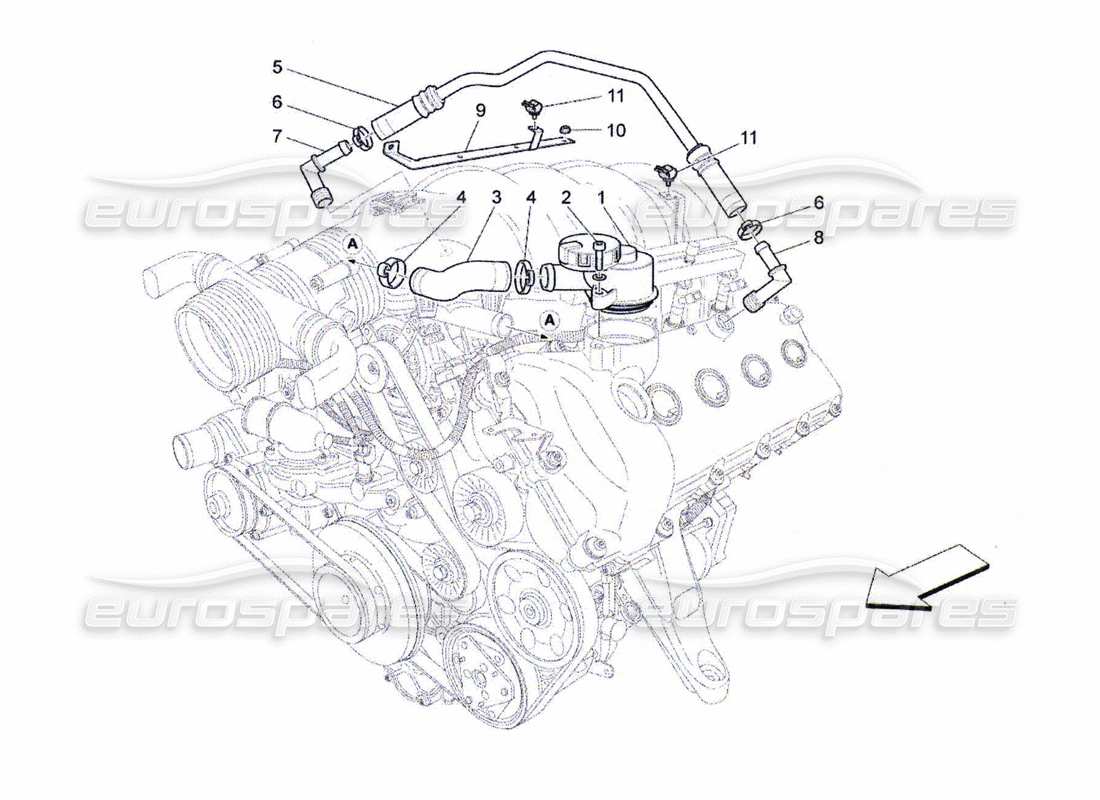 maserati qtp. (2010) 4.7 diagramma delle parti del sistema di ricircolo dei vapori d'olio