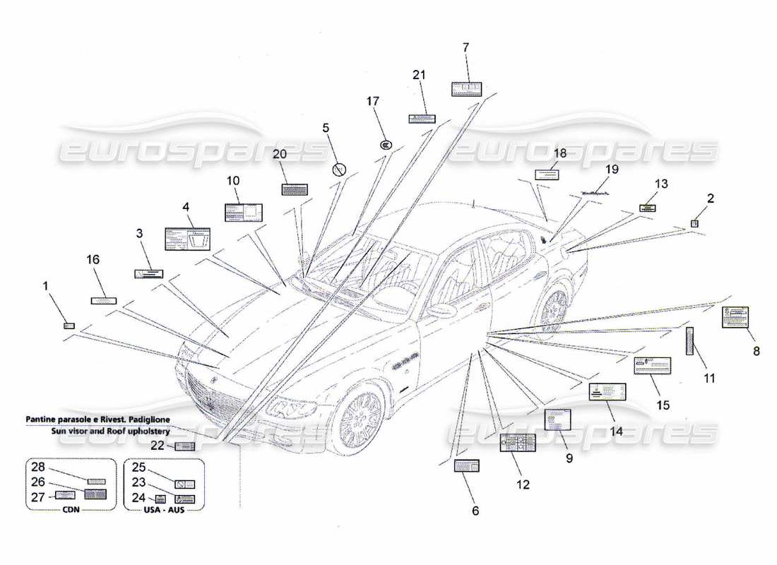 maserati qtp. (2010) 4.7 diagramma delle parti di adesivi ed etichette