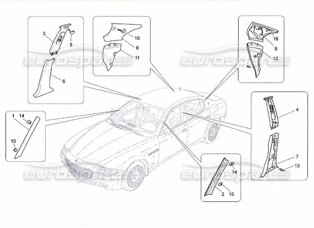 maserati qtp. (2010) 4.7 schema delle parti dei pannelli di rivestimento del montante b e dei pannelli laterali dell'abitacolo