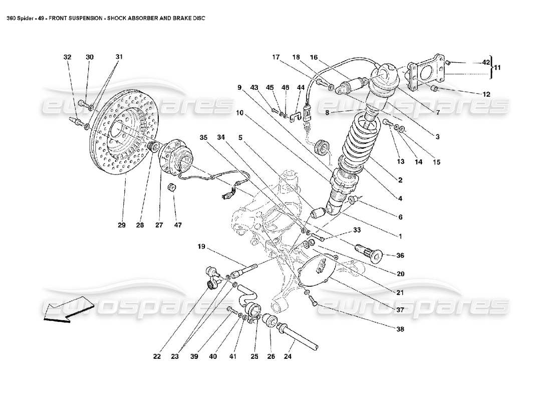 ferrari 360 spider sospensione anteriore: ammortizzatore e disco freno diagramma delle parti