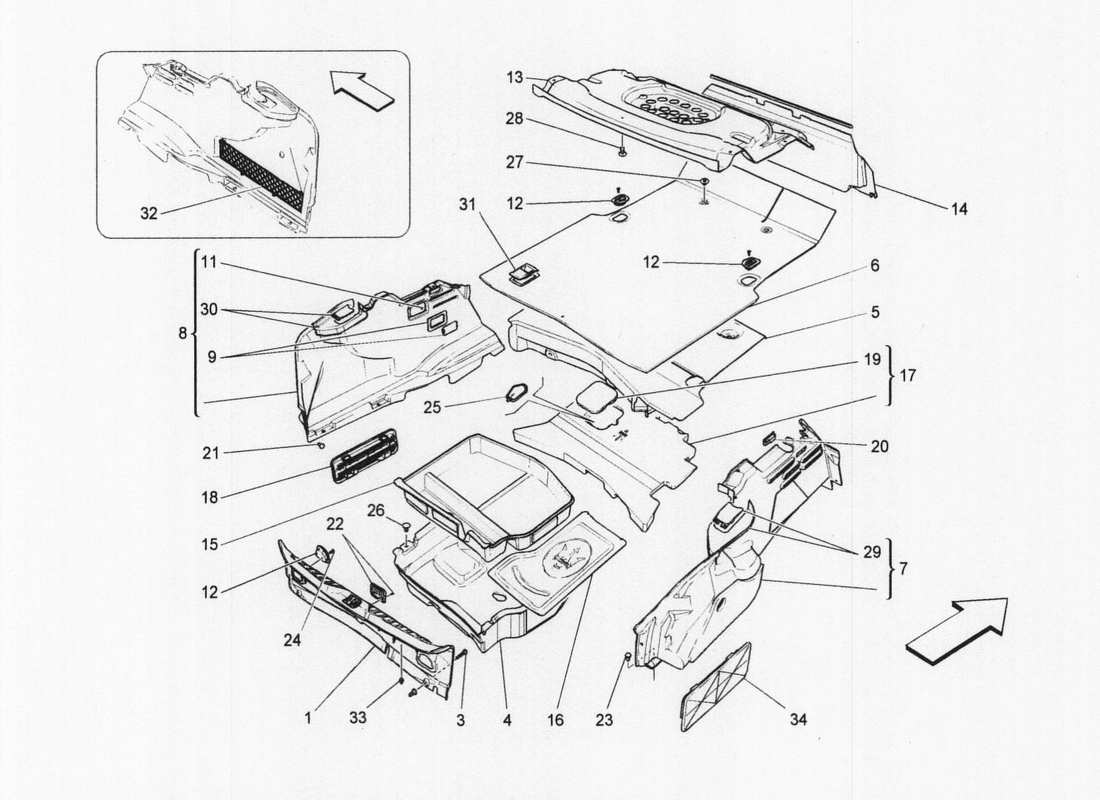 maserati qtp. v6 3.0 bt 410bhp 2wd 2017 diagramma delle parti dei tappetini del vano bagagli