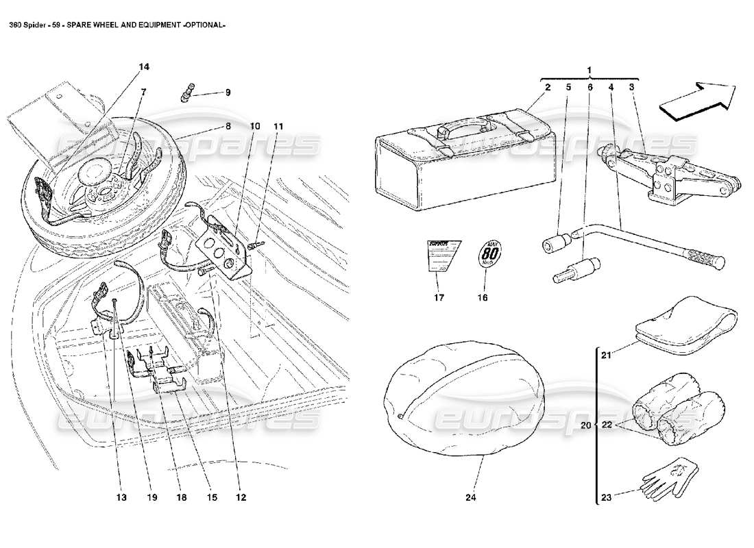 ferrari 360 spider ruota di scorta e attrezzatura diagramma delle parti