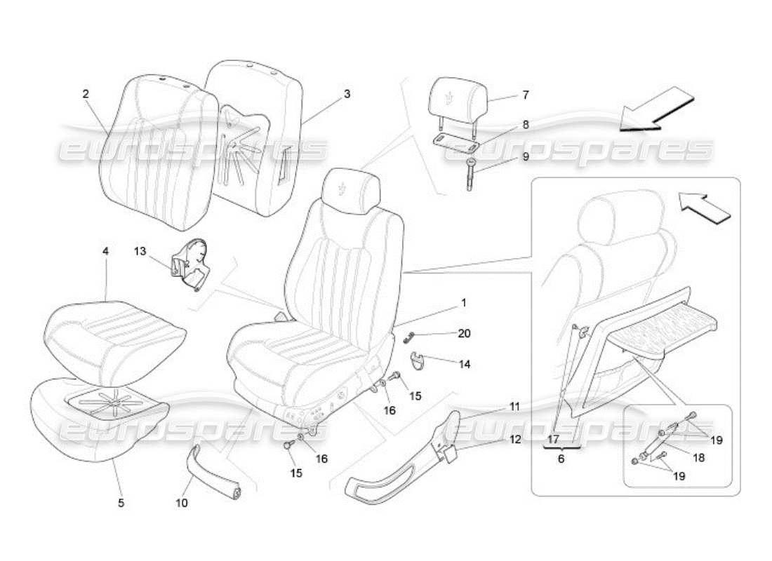 maserati qtp. (2005) 4.2 sedili anteriori: schema delle parti dei pannelli di rivestimento