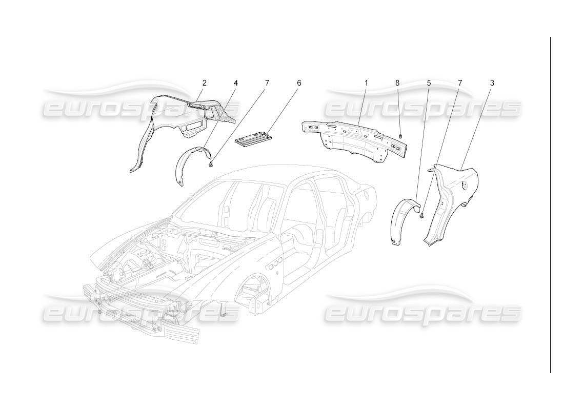 maserati qtp. (2007) 4.2 auto schema delle parti della carrozzeria e dei pannelli di rivestimento esterni posteriori