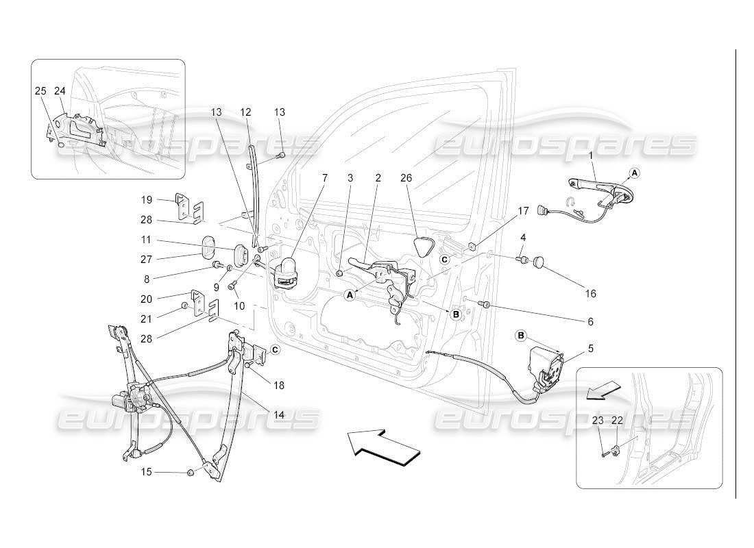 maserati qtp. (2007) 4.2 auto porte anteriori: diagramma delle parti dei meccanismi