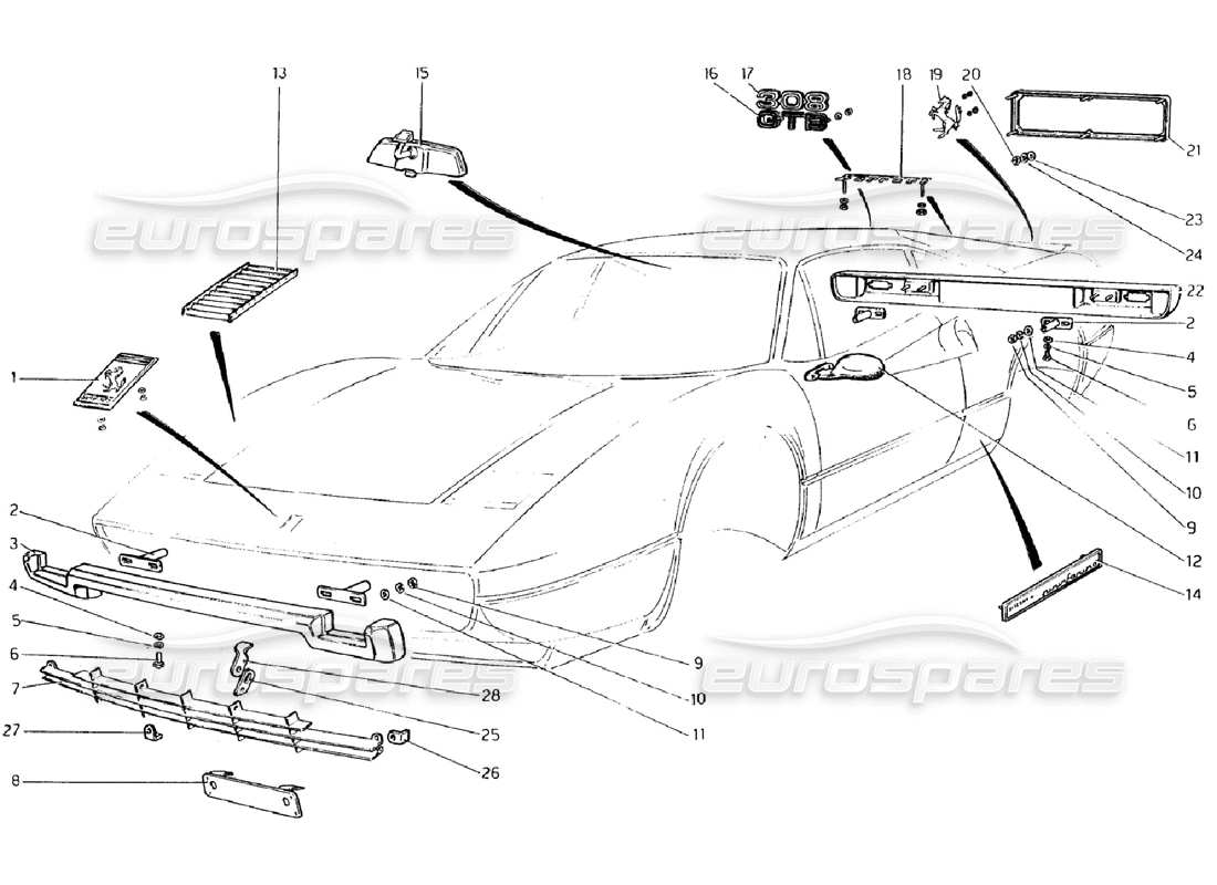 ferrari 308 gtb (1976) diagramma delle parti di paraurti e modanature (valido per versioni rhd - aus).