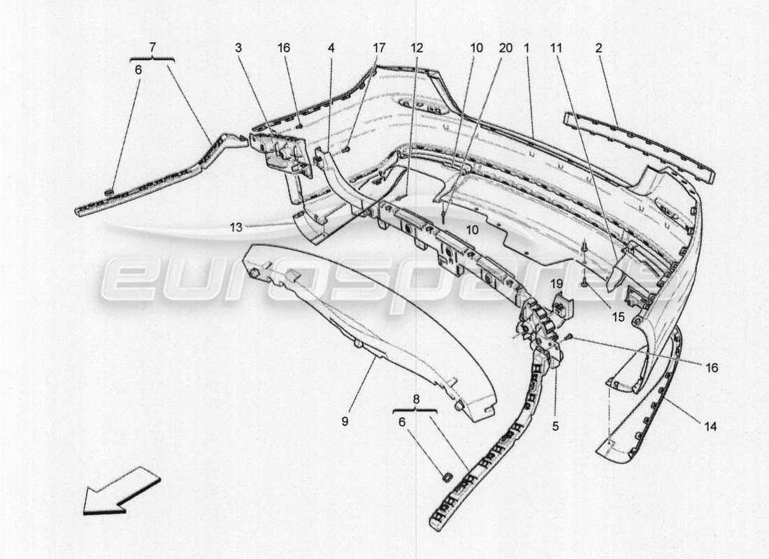 maserati qtp. v8 3.8 530bhp 2014 auto paraurti posteriore diagramma delle parti