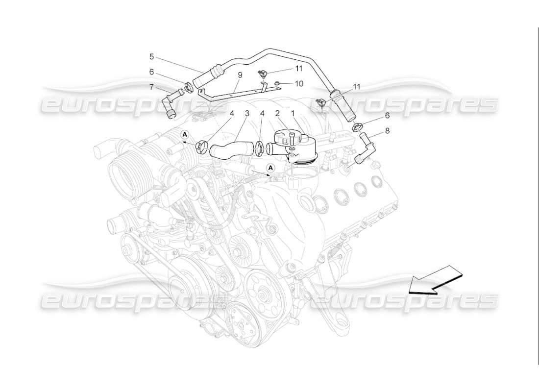 maserati qtp. (2010) 4.7 auto diagramma delle parti del sistema di ricircolo dei vapori d'olio