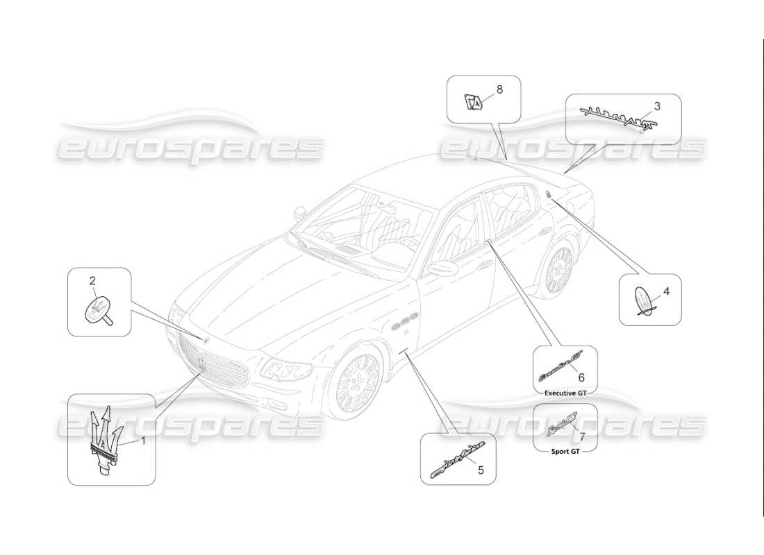 maserati qtp. (2010) 4.7 auto diagramma delle parti di finiture, marchi e simboli