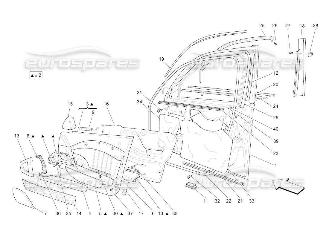 maserati qtp. (2007) 4.2 auto porte anteriori: diagramma delle parti dei pannelli di rivestimento