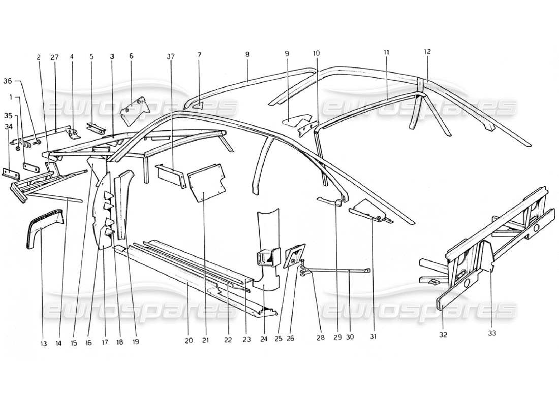 ferrari 308 gtb (1976) schema delle parti della carrozzeria - elementi interni (valido per versioni rhd - aus).