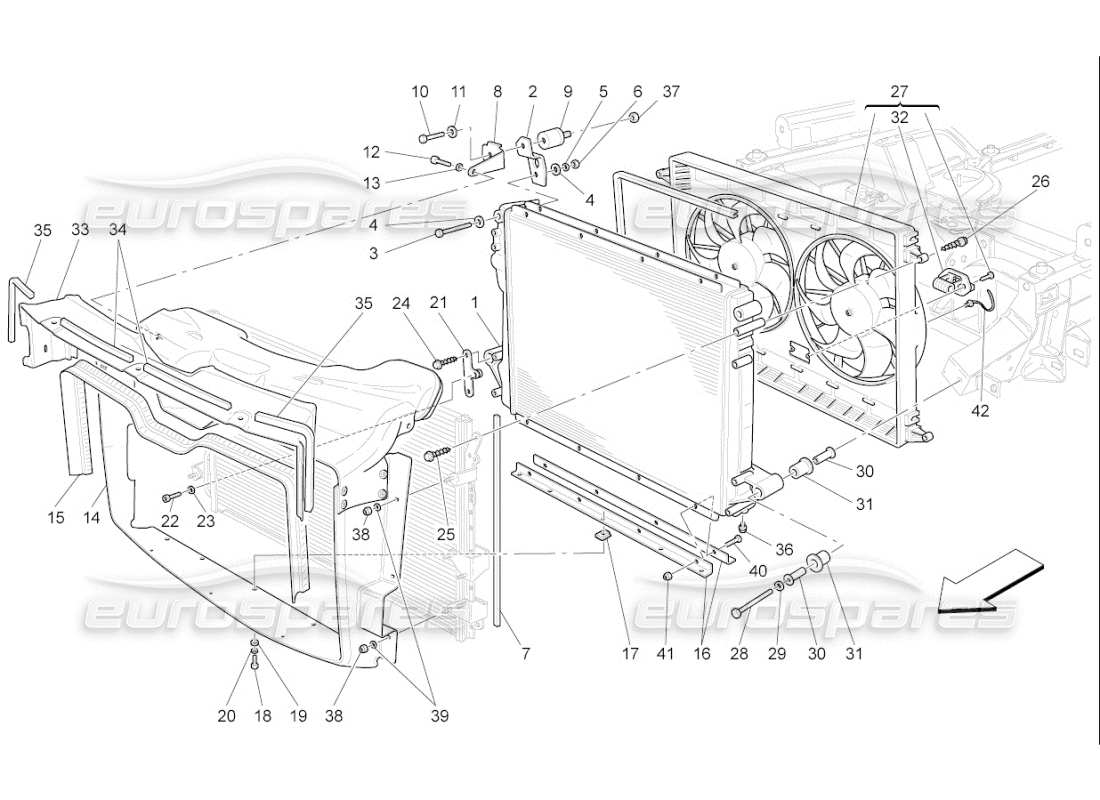 maserati qtp. (2008) 4.2 auto raffreddamento: diagramma delle parti dei radiatori dell'aria e dei condotti