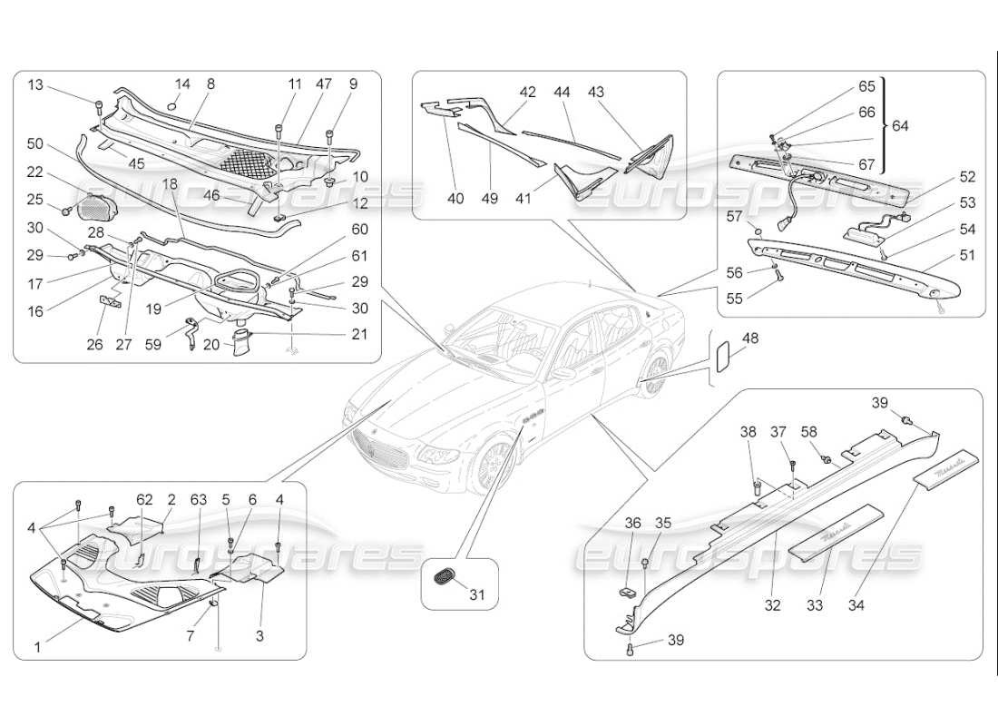 maserati qtp. (2008) 4.2 auto schermatura, profili e pannelli di copertura diagramma delle parti