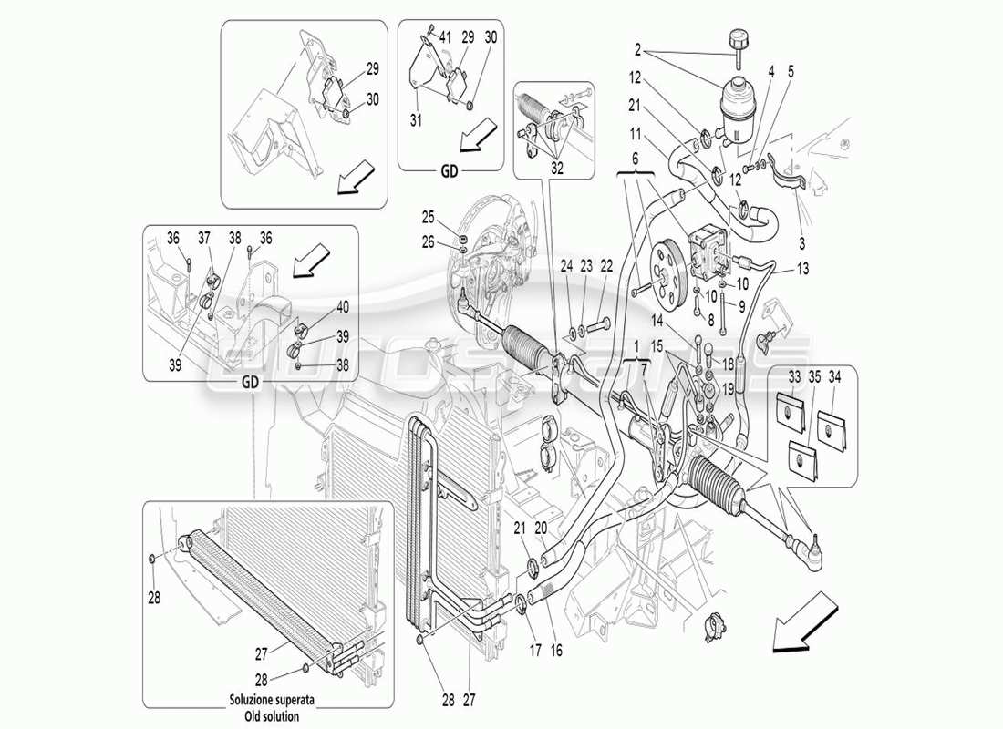 maserati qtp. (2007) 4.2 auto schema delle parti della scatola dello sterzo e della pompa dello sterzo idraulica