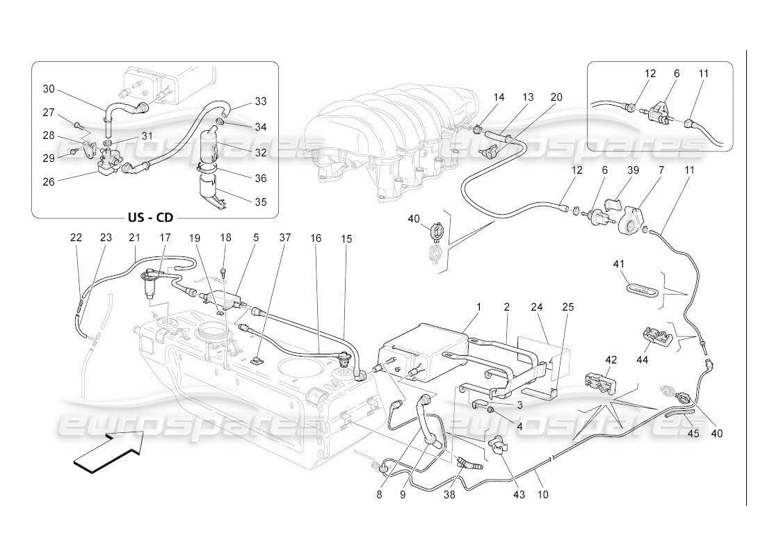 maserati qtp. (2007) 4.2 auto diagramma delle parti del sistema di ricircolo dei vapori di carburante