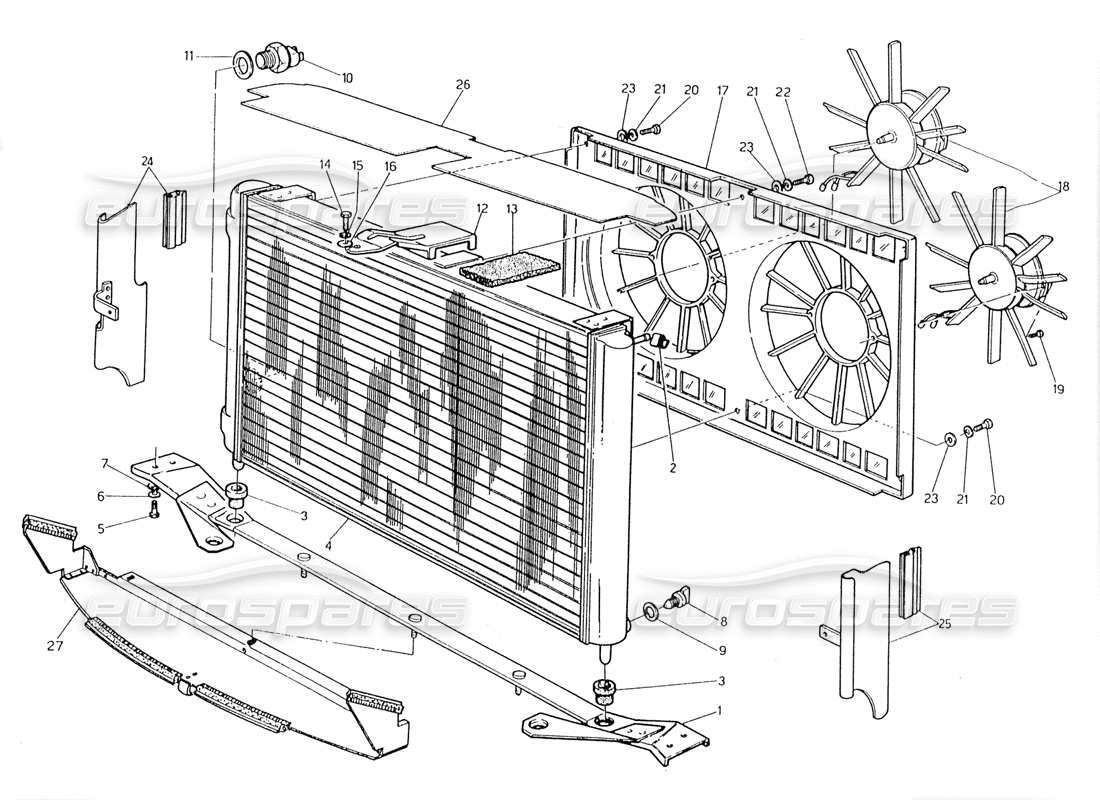 maserati 228 diagramma delle parti del radiatore e delle ventole di raffreddamento