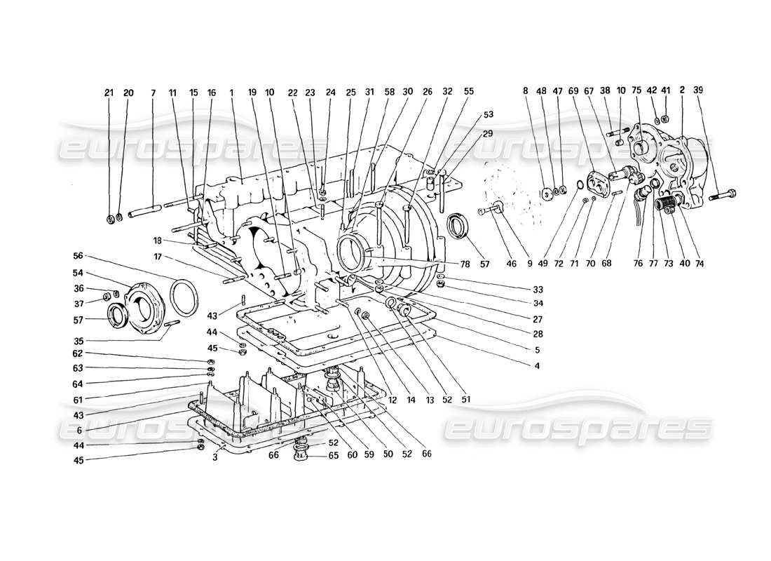 ferrari 328 (1985) cambio - scatola del differenziale e coppa dell'olio diagramma delle parti