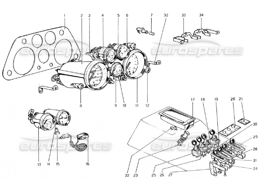 ferrari 308 gtb (1976) diagramma delle parti di strumenti e accessori (valido per versioni rhd - aus).
