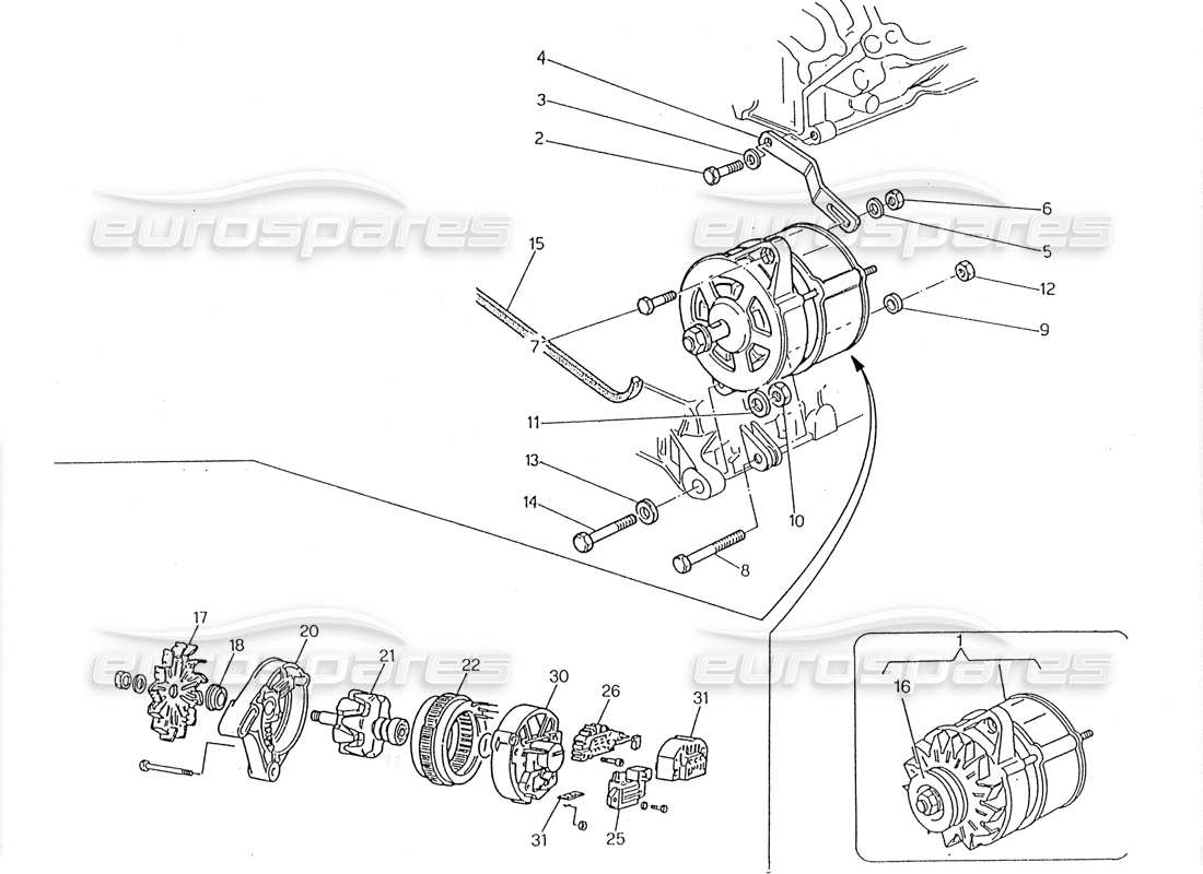 maserati 228 diagramma delle parti dell'alternatore e della staffa