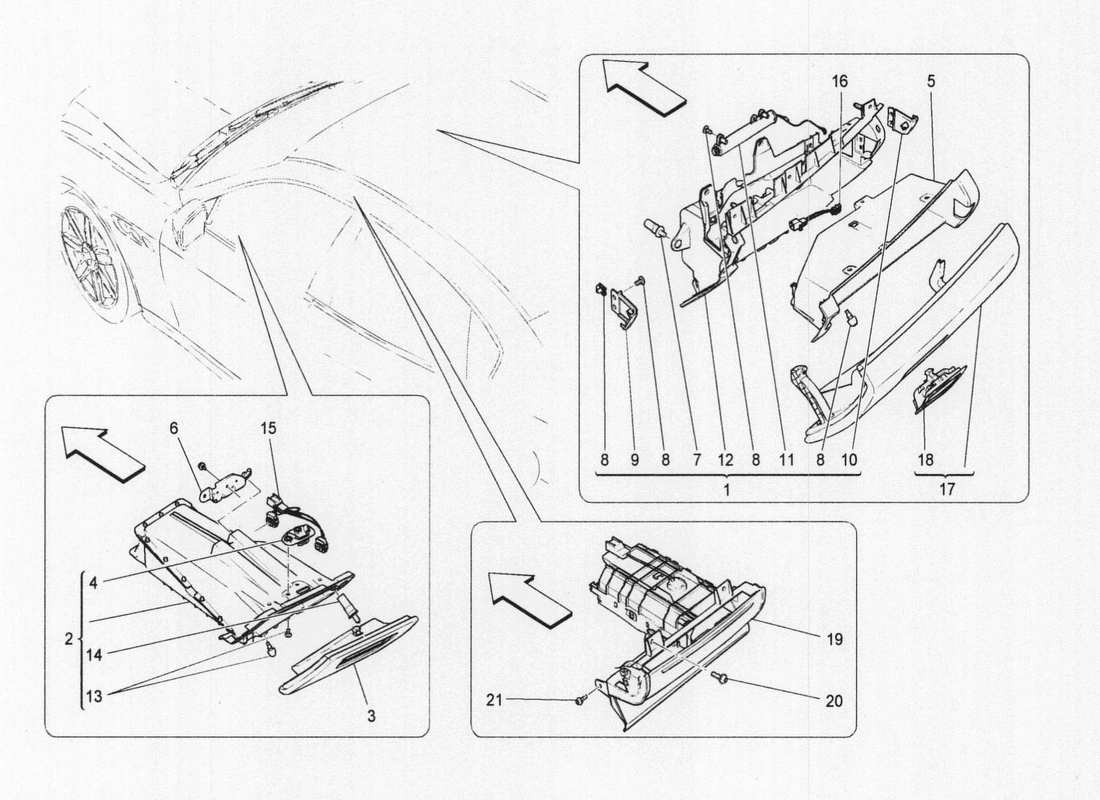 maserati qtp. v6 3.0 bt 410bhp 2wd 2017 diagramma delle parti dei vani portaoggetti