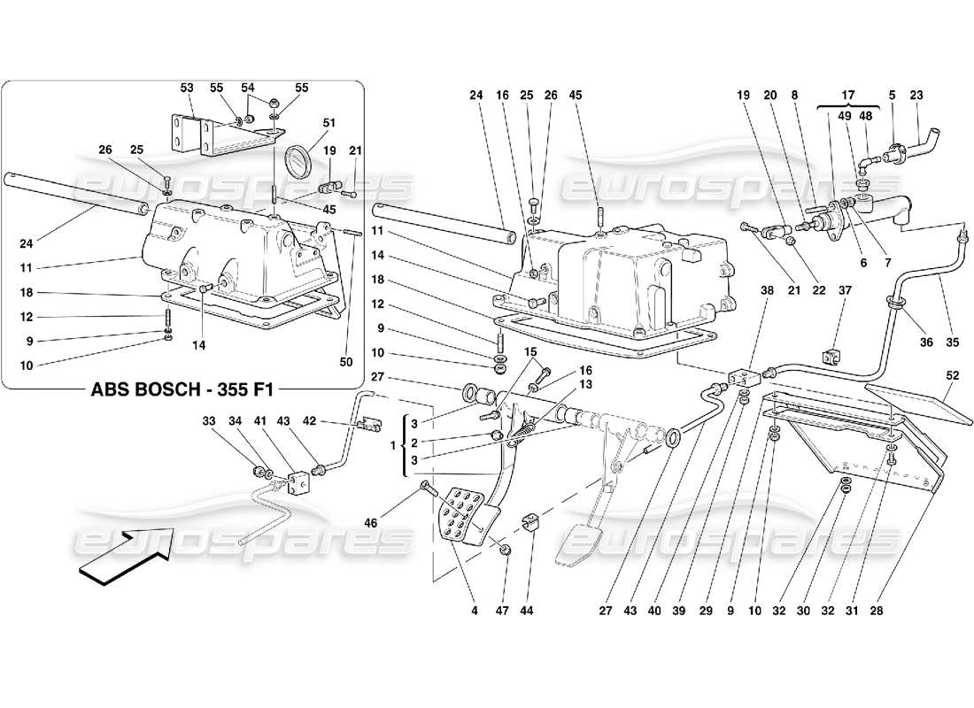 ferrari 355 (5.2 motronic) comando rilascio frizione e supporto pedaliera diagramma delle parti
