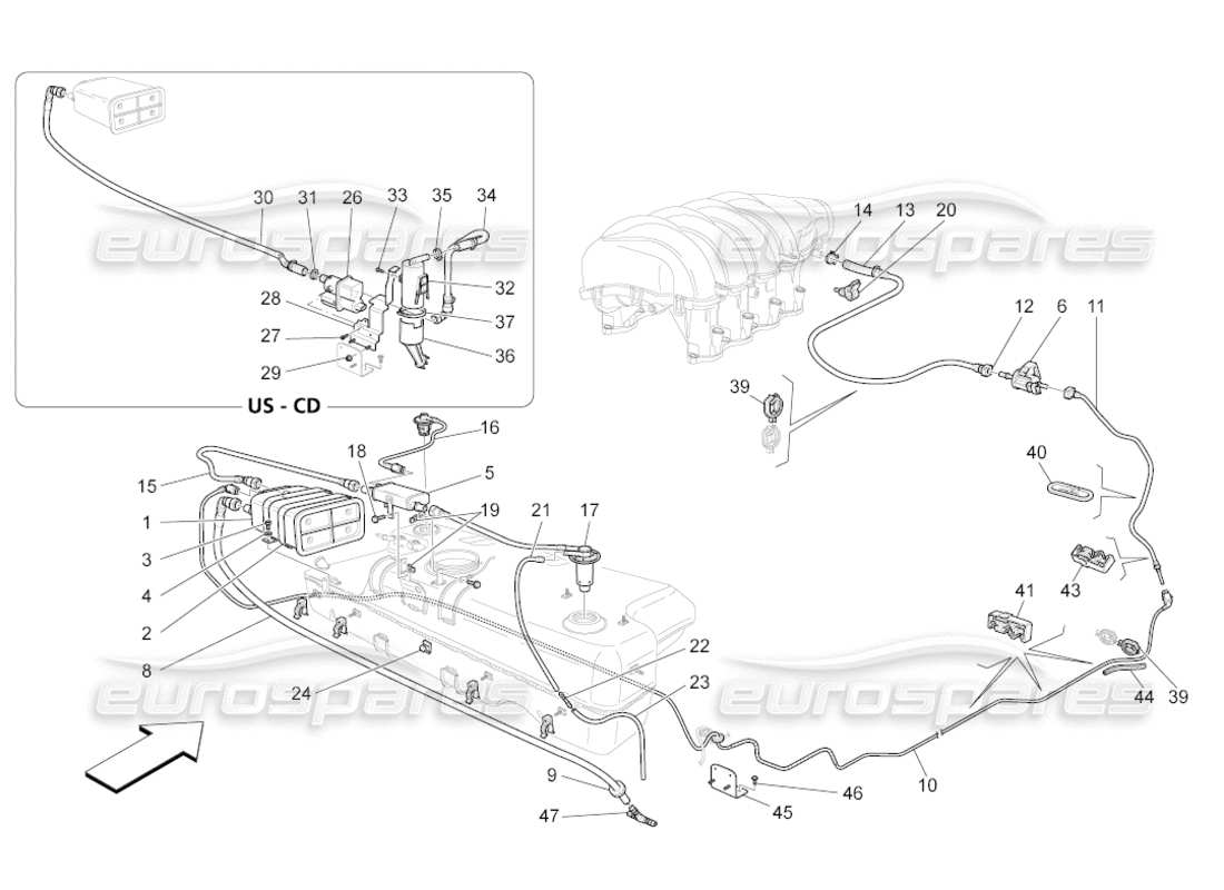 maserati grancabrio (2011) 4.7 diagramma delle parti del sistema di ricircolo dei vapori di carburante