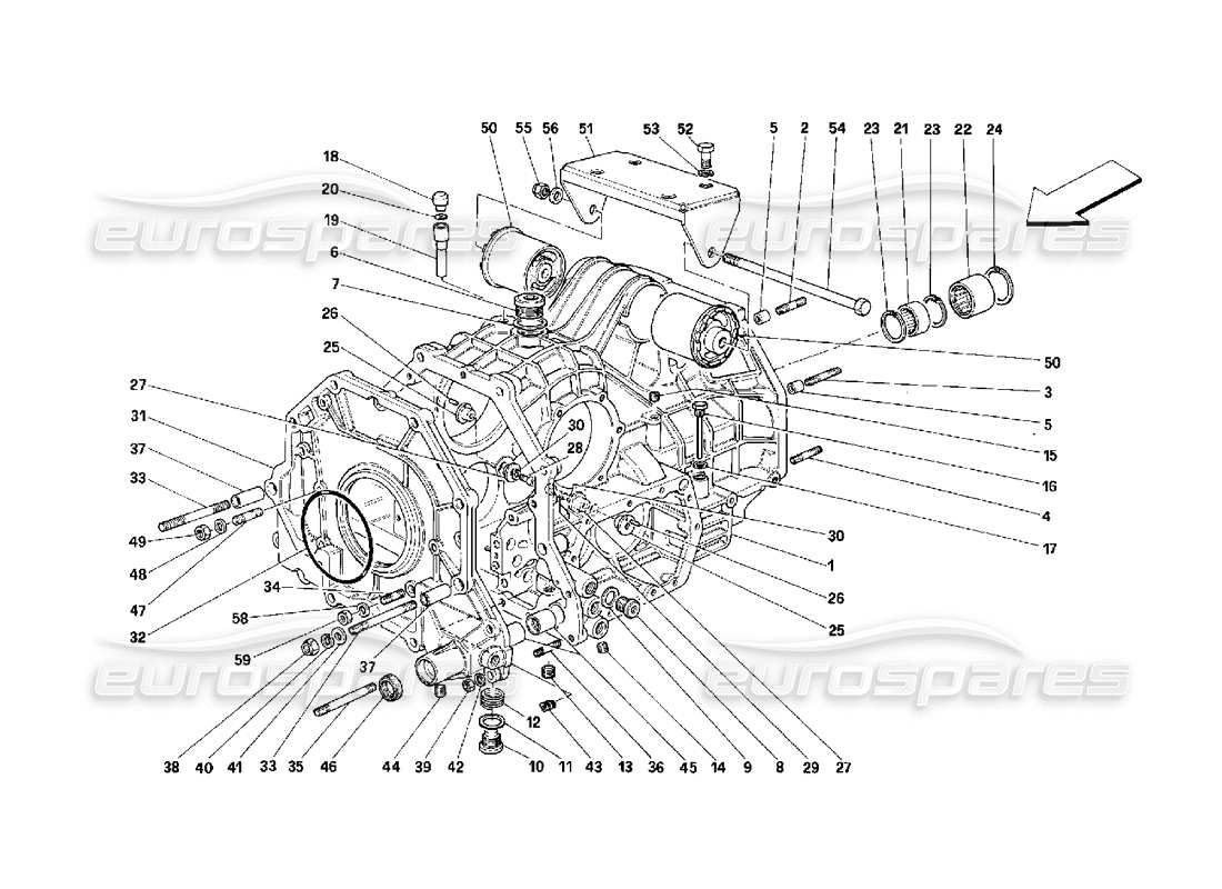 ferrari 348 (2.7 motronic) schema delle parti dell'alloggiamento del differenziale del cambio e dell'involucro intermedio