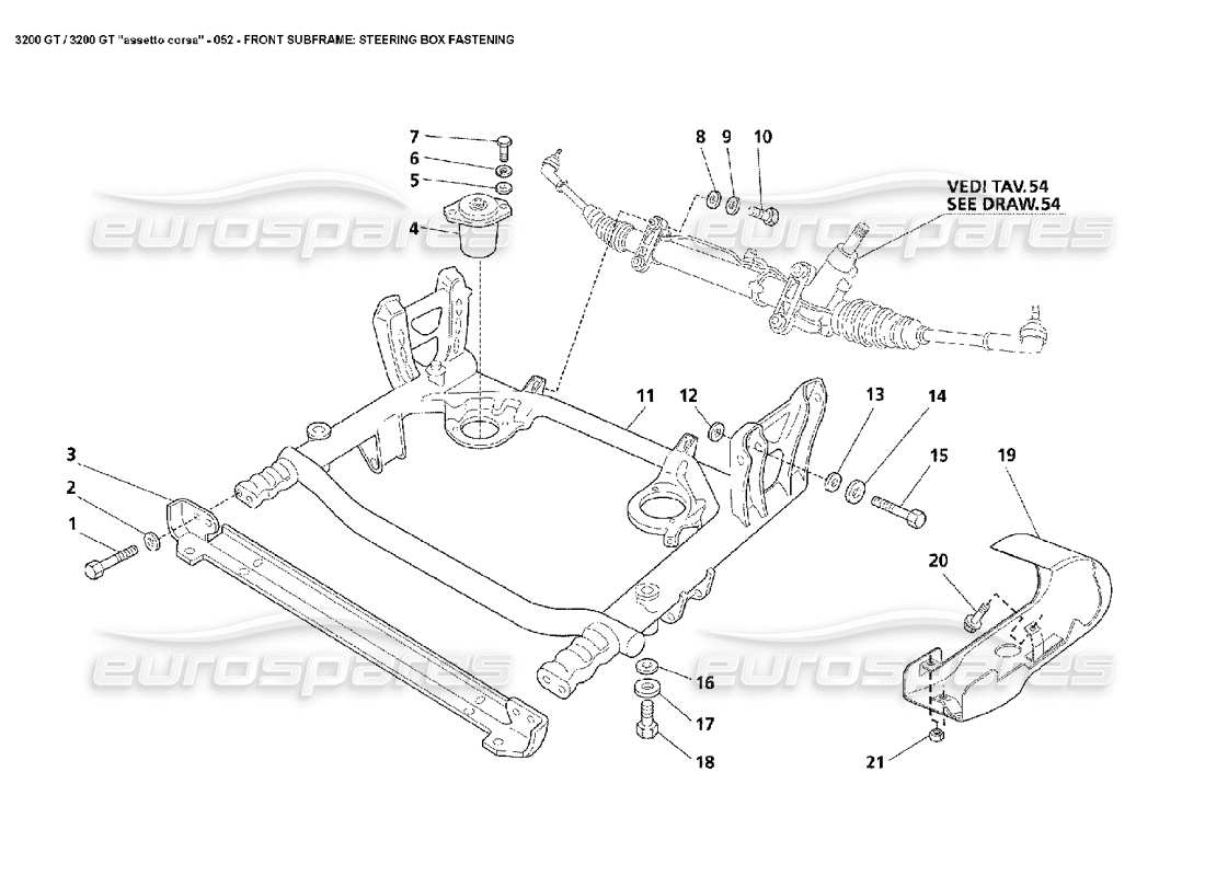 maserati 3200 gt/gta/assetto corsa sottotelaio anteriore: diagramma delle parti di fissaggio della scatola dello sterzo