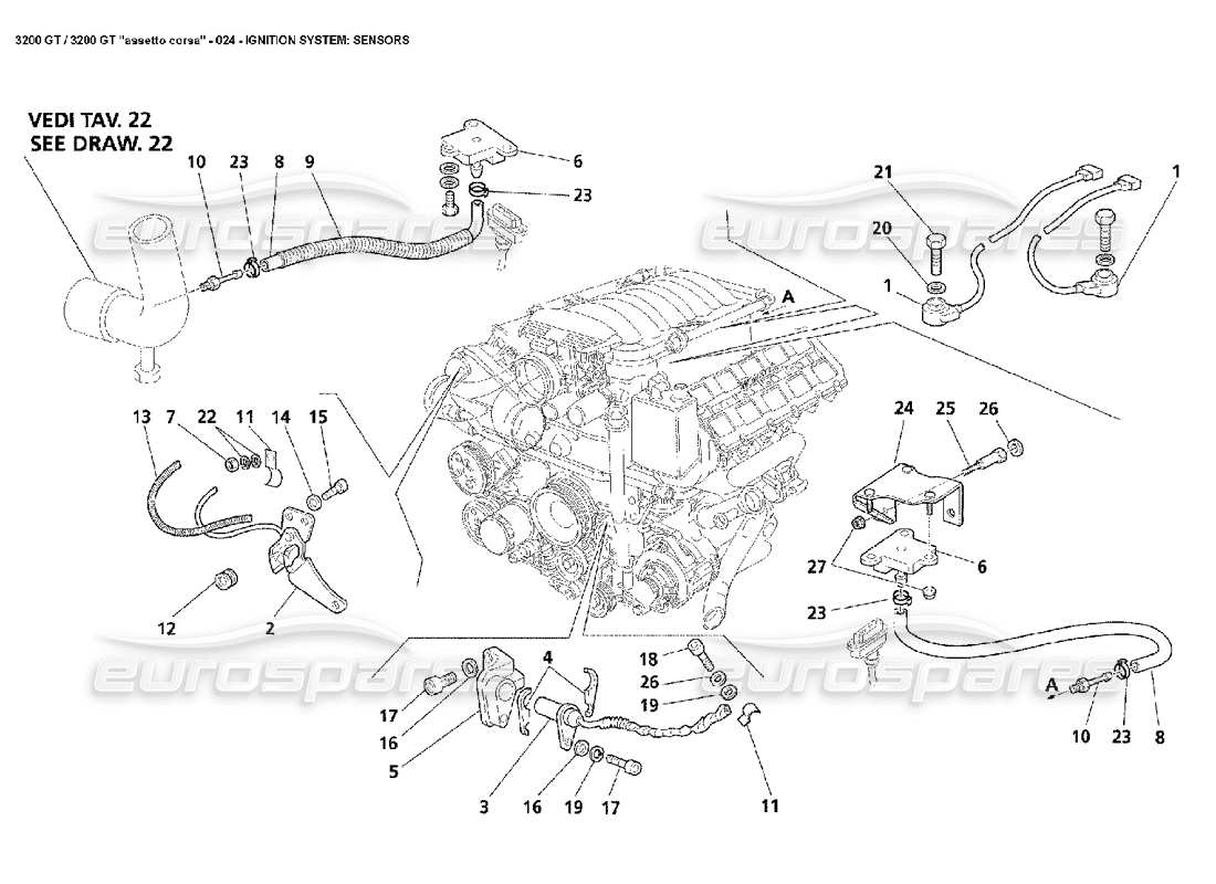maserati 3200 gt/gta/assetto corsa sistema di accensione: diagramma delle parti dei sensori