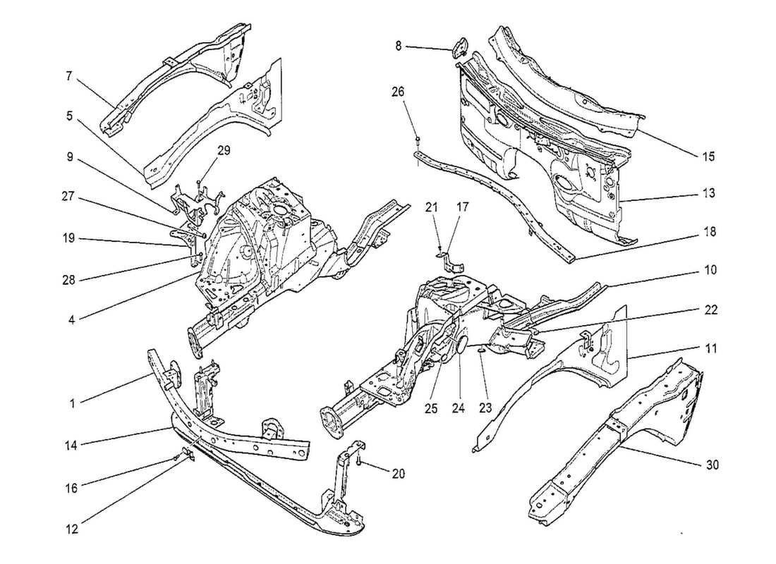 maserati qtp. v8 3.8 530bhp 2014 schema delle parti dei telai strutturali anteriori e dei pannelli in lamiera