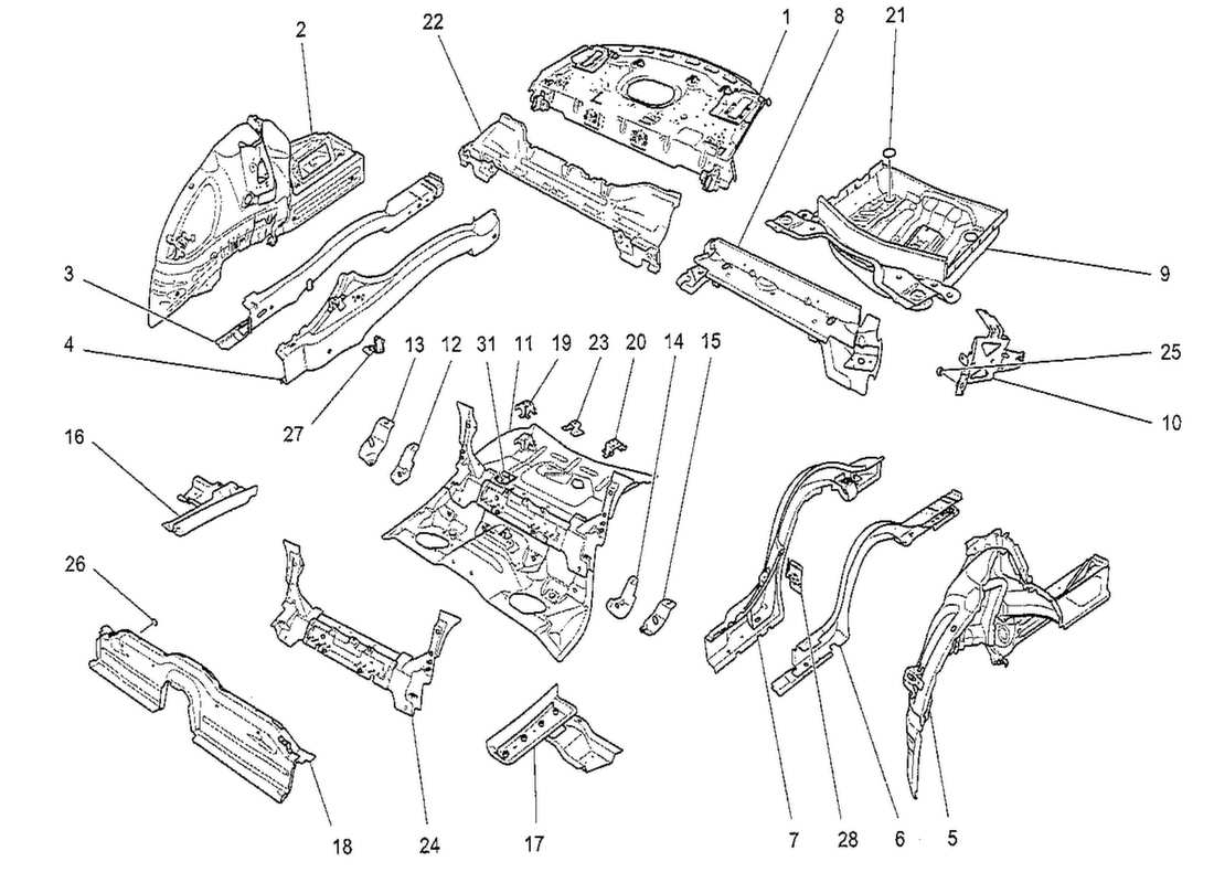 maserati qtp. v8 3.8 530bhp 2014 schema delle parti dei telai strutturali posteriori e dei pannelli in lamiera