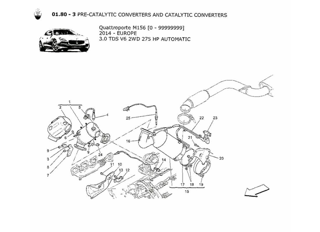 maserati qtp. v6 3.0 tds 275bhp 2014 diagramma delle parti dei convertitori pre-catalitici e dei convertitori catalitici