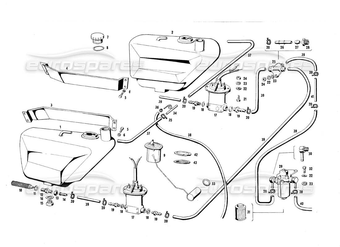 maserati qtp.v8 4.7 (s1 & s2) 1967 diagramma delle parti del serbatoio e della pompa del carburante