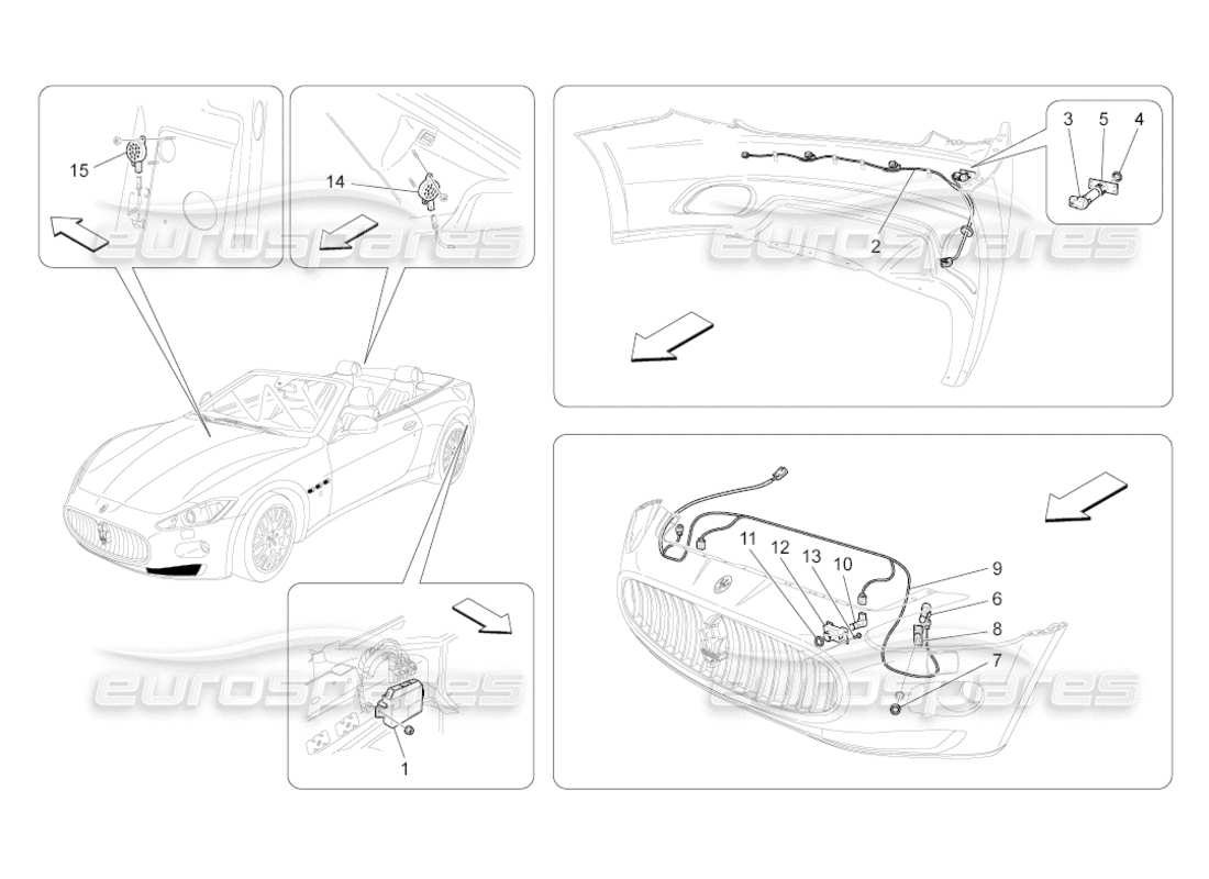 maserati grancabrio (2011) 4.7 diagramma delle parti dei sensori di parcheggio
