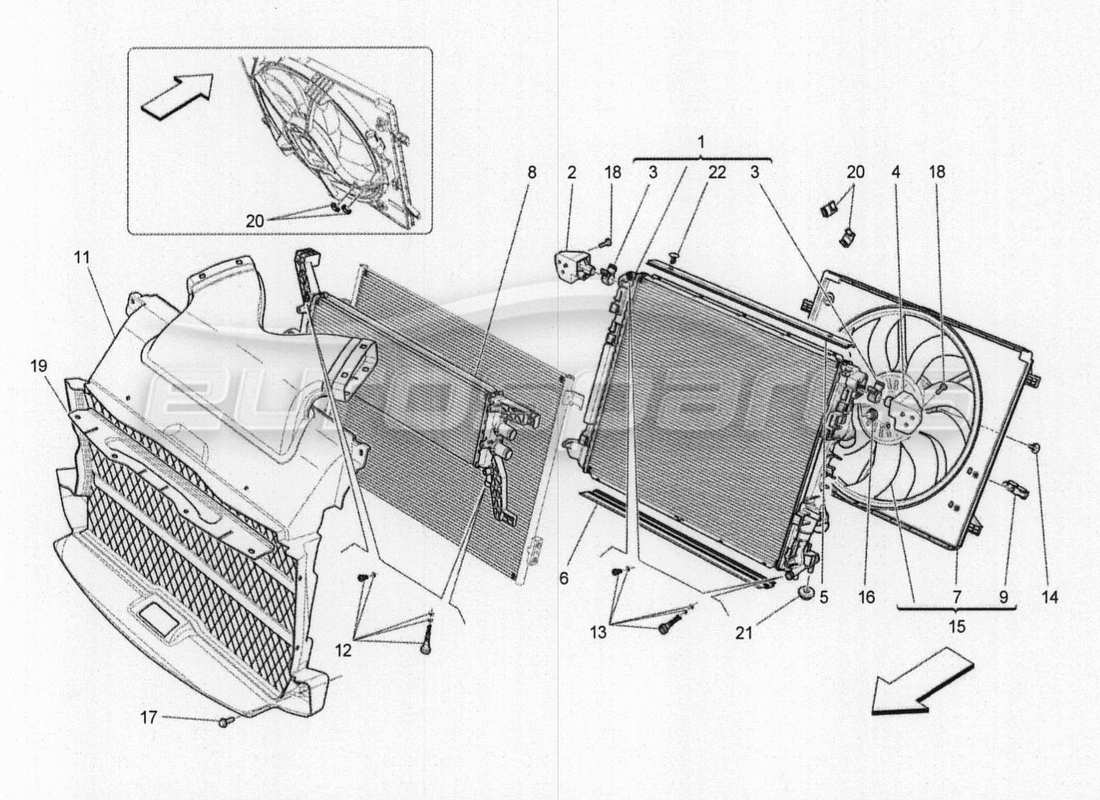 maserati qtp. v8 3.8 530bhp 2014 auto raffreddamento: diagramma delle parti dei radiatori dell'aria e dei condotti