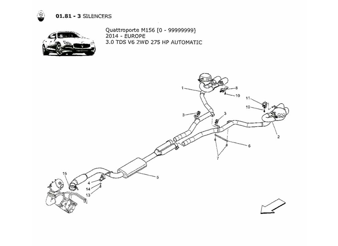 maserati qtp. v6 3.0 tds 275bhp 2014 diagramma delle parti dei silenziatori