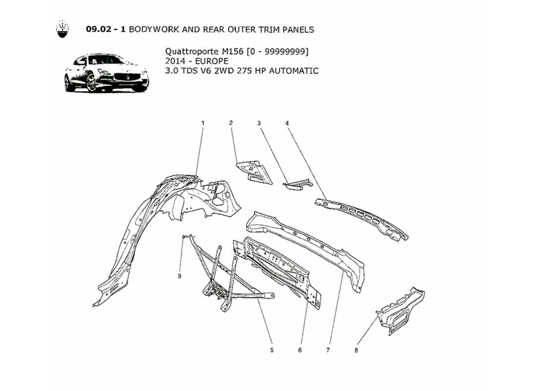 maserati qtp. v6 3.0 tds 275bhp 2014 schema delle parti della carrozzeria e dei pannelli di rivestimento esterni posteriori