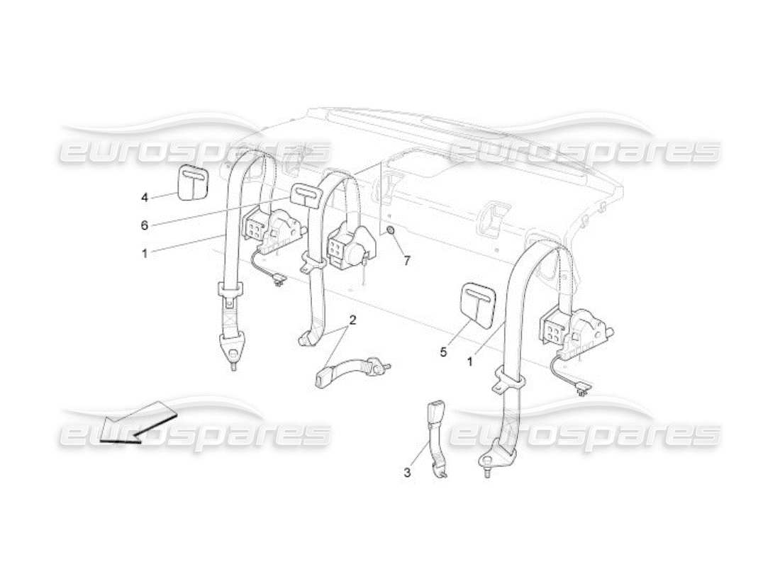 maserati qtp. (2005) 4.2 diagramma delle parti delle cinture di sicurezza posteriori