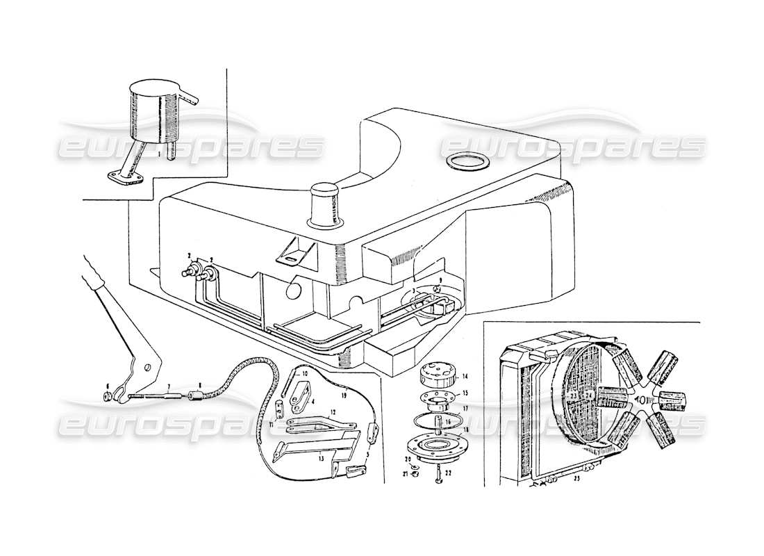 maserati 3500 gt schema delle parti del serbatoio del carburante, del freno a mano e del radiatore dell'acqua