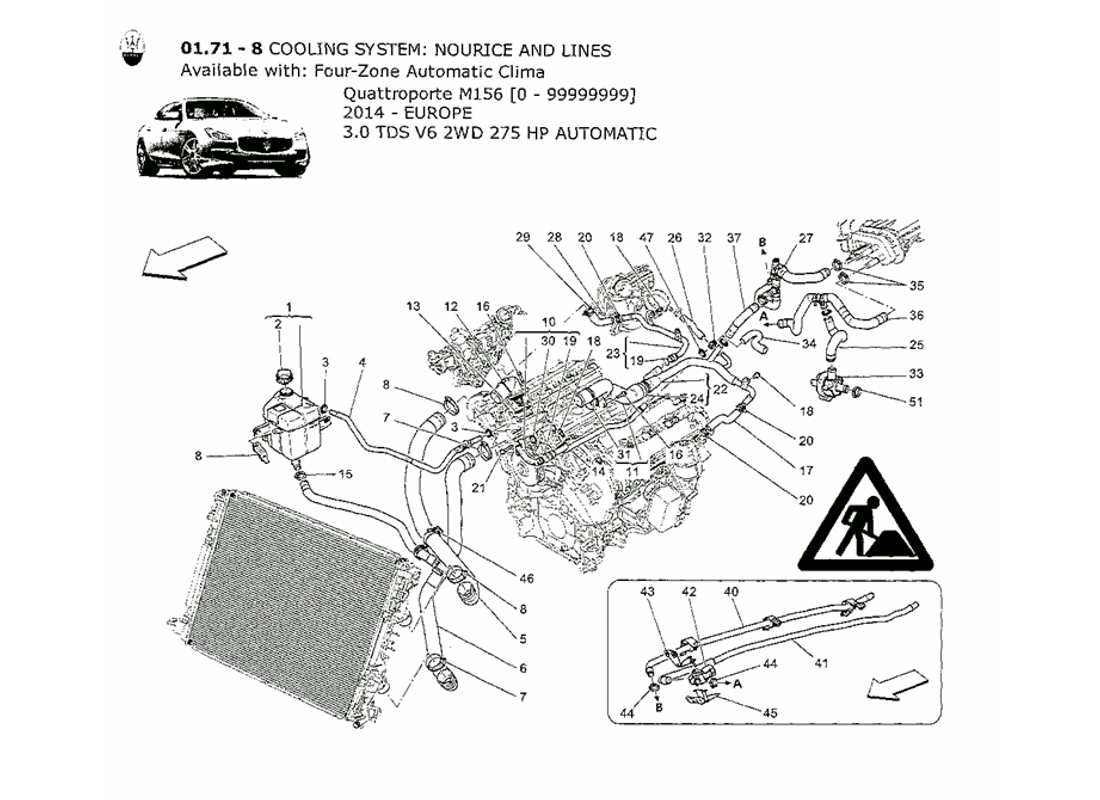 maserati qtp. v6 3.0 tds 275bhp 2014 sistema di raffreddamento: diagramma delle parti di nourice e linee